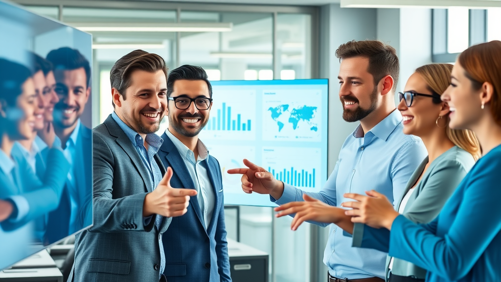 business team reviewing website dashboard powered by ai agents for websites, digital displays showing performance graphs