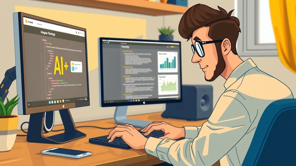 website developer integrating ai onto website, computer interface and gadgets on desk