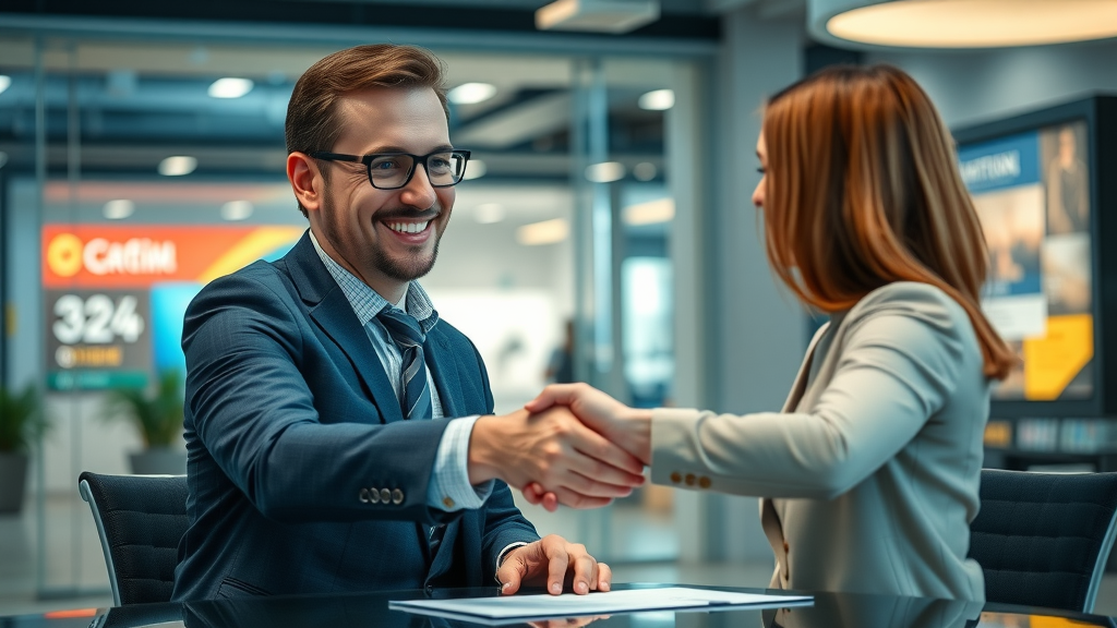 Sales consultant shaking hands with client after selling graphic design and video production services in an urban office lobby.