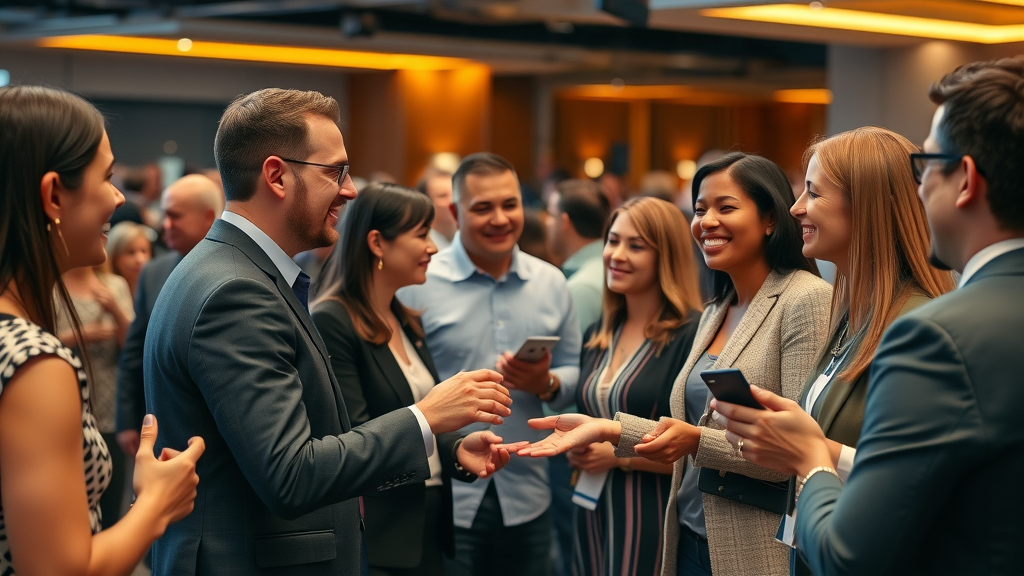 Design business professionals exchanging business cards at a networking event to build a referral system for selling design services.