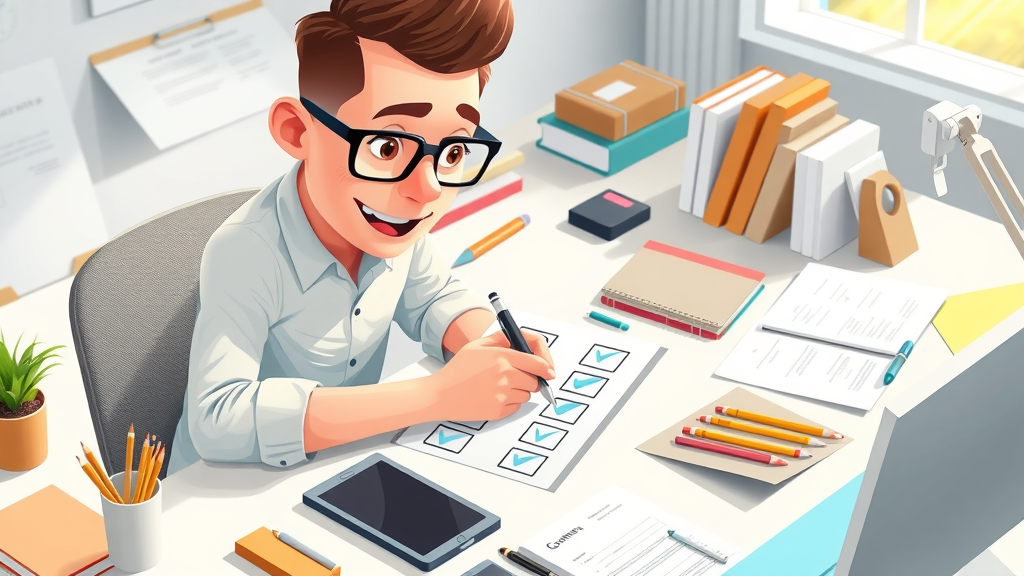 Organized designer filling out action checklist to launch best selling graphic design and video services, surrounded by creative tools.